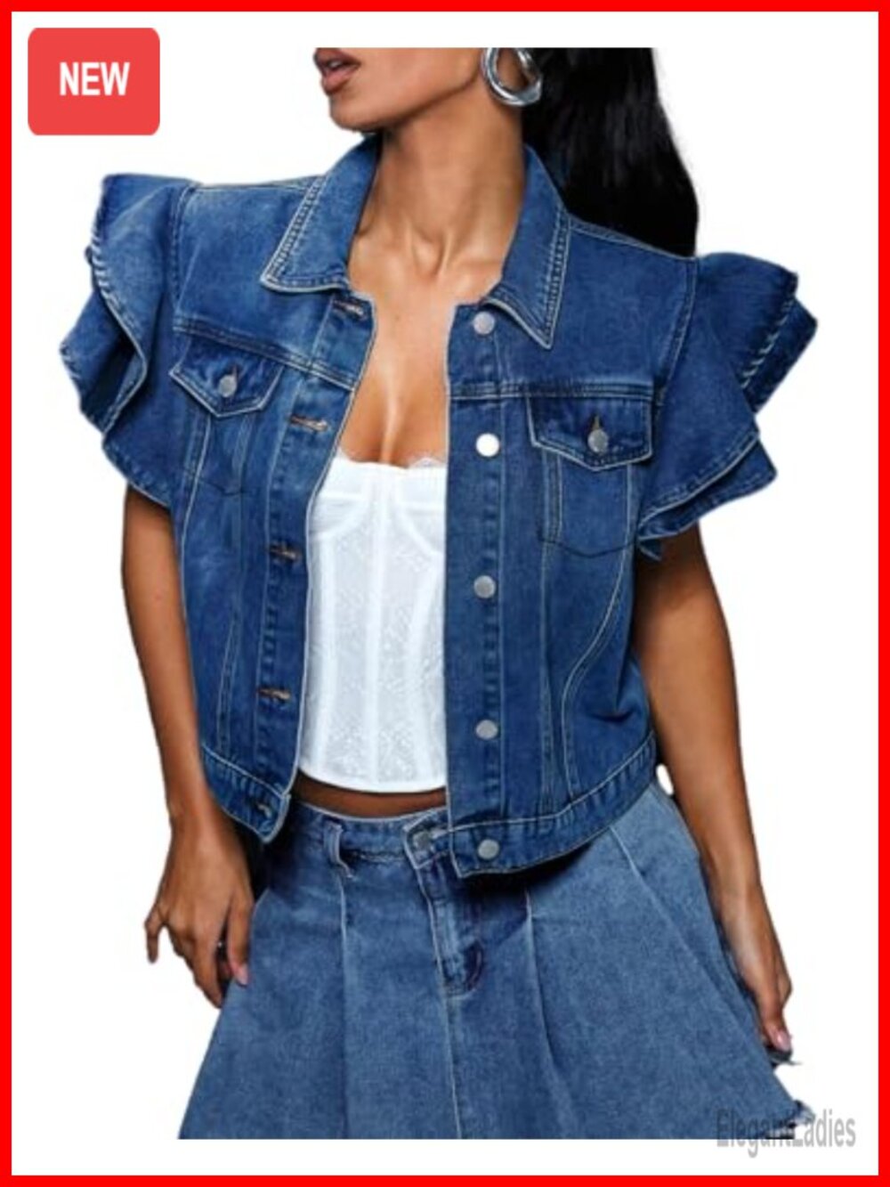 Cropped Denim Jacket Women Ruffle Sleeve Button Down Summer Jean Jacket